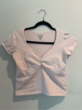 Brandy Melville Light Pink V-Neck Ruched Short Sleeve Tee